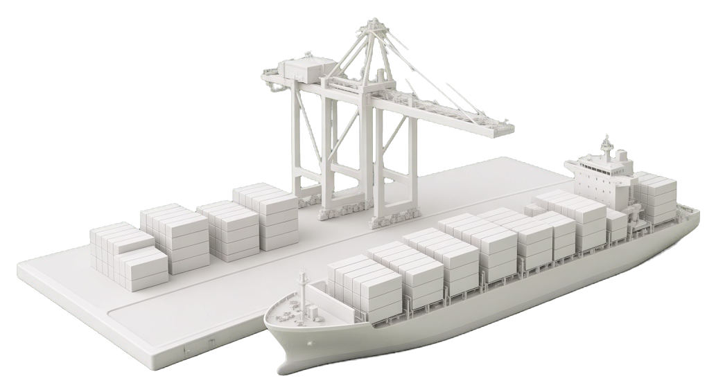 Quay model with a container ship and gantry crane
